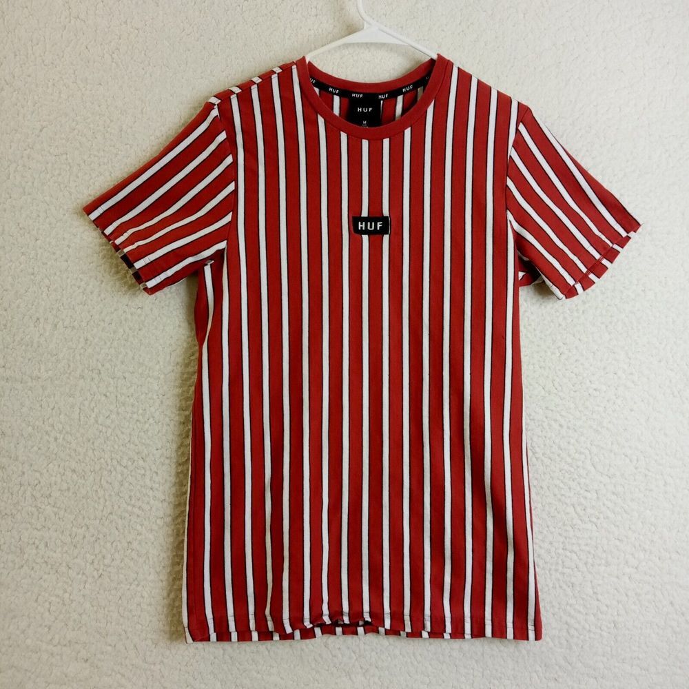 HUF T-Shirt‎ Medium Adult Short Sleeve Cotton Red Striped Heavyweight